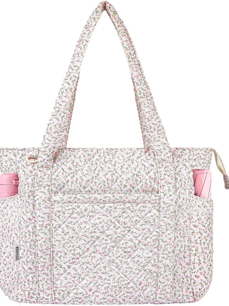 Quilted Tote Bag For Women, Floral Quilted Tote Bag With Zipper, Cute Shoulder B
